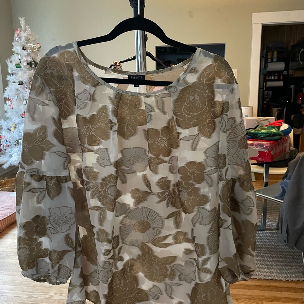 Talbots Floral Sheer Blouse - Brown and Cream